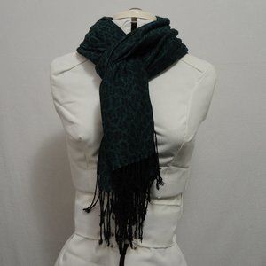 4/$25 Emerald Green Rectangle Scarf with Black Leopard Print 27" x 70" + Fringe